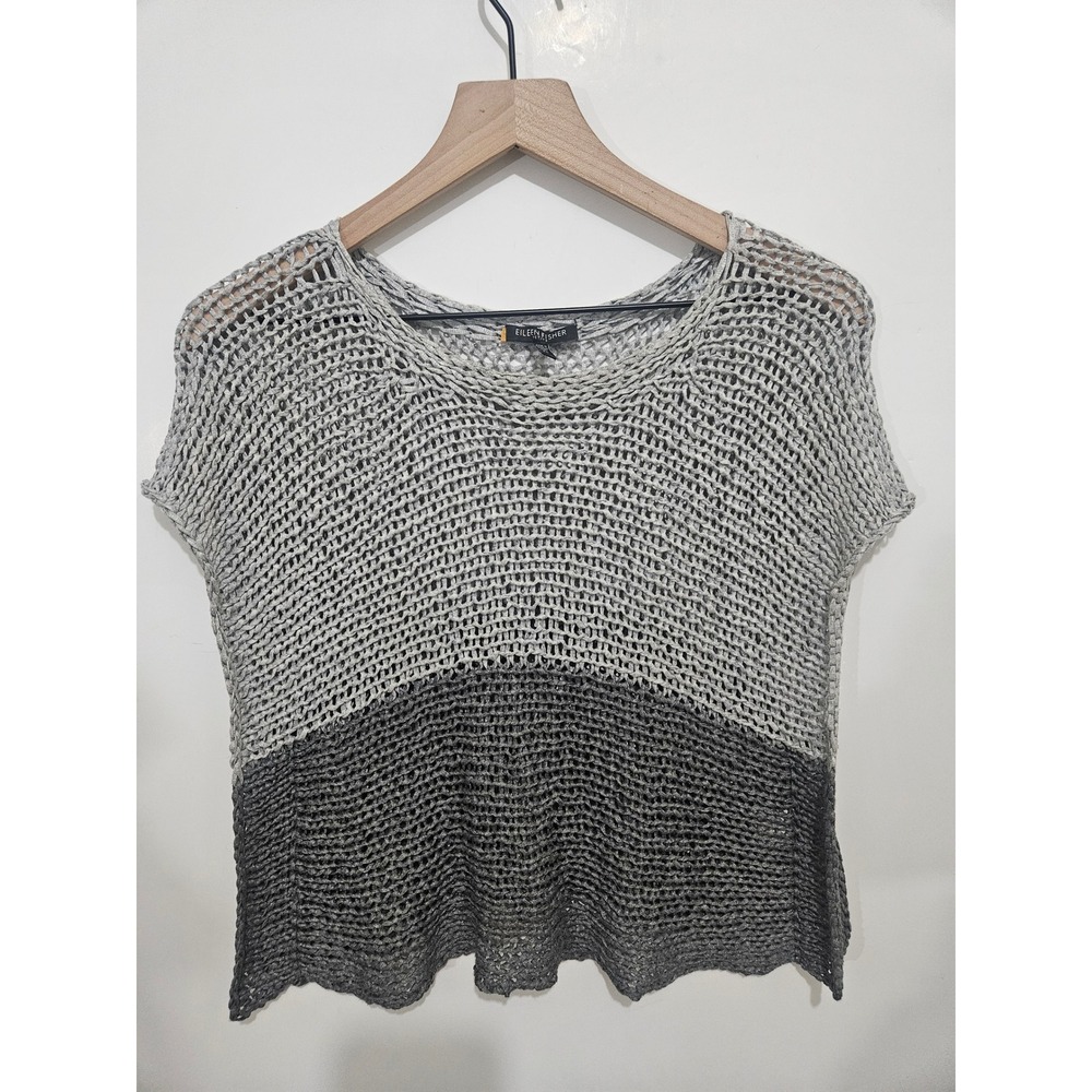 Eileen Fisher Petite Grey Colorblock Open Knit Tape Yarn Sweater Top PS